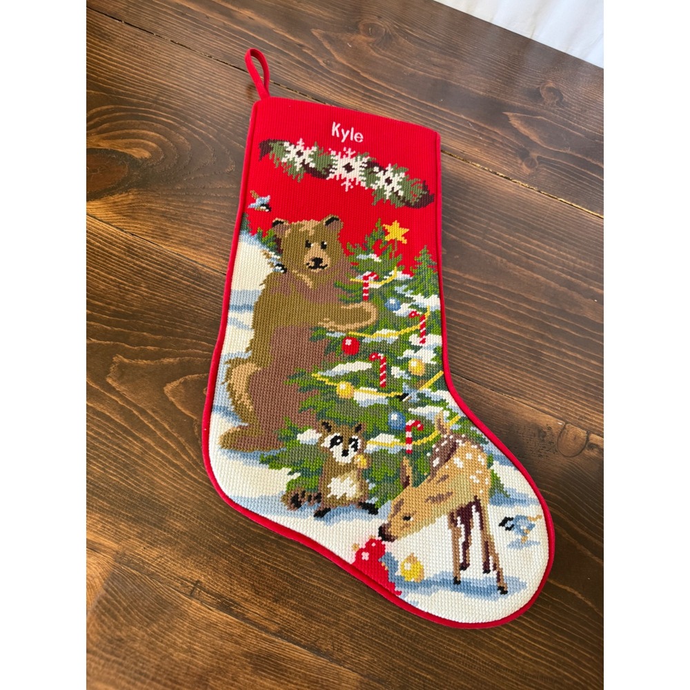 VTG Needlepoint Christmas Stocking Woodland Animals Bear Deer "Kyle" Red Velvet - Picture 9 of 9